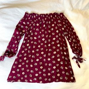 Burgundy and white floral off-the-shoulder dress